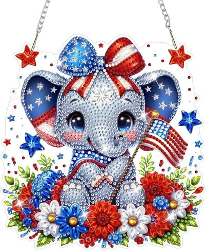 NAIMOER Independence Day Diamond Art Hanging Kits for Adults, 4th of July Flowers Handcarts Diamond Painting Pendant DIY Gem Art Window Wall Hanging Ornament, Acrylic Home Garden Decor, Double Sided in Kuwait