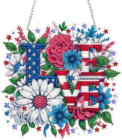 NAIMOER Independence Day Diamond Art Hanging Kits for Adults, 4th of July Flowers Handcarts Diamond Painting Pendant DIY Gem Art Window Wall Hanging Ornament, Acrylic Home Garden Decor, Double Sided in Kuwait