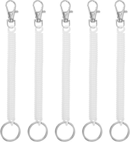 Retractable Coil Springs Keychain, 5 Pack Anti-lost Key Chain Holder Lanyard Cord with Metal Lobster Clasp Keyring 17cm for Keys Wallet, Solid white in Kuwait
