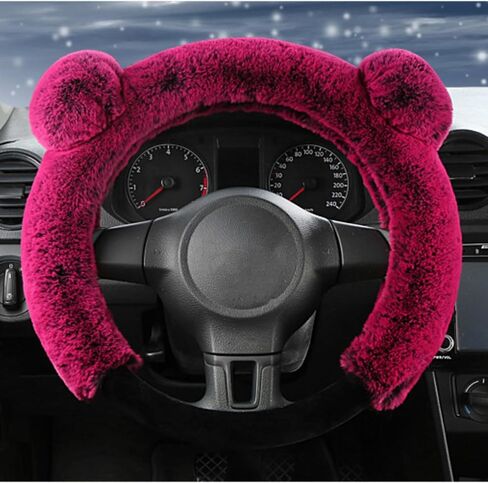 Car Steering Wheel Cover Cute Fluffy Steering Wheel Protector Universal Fit 15 Inch for Winter, Warm Non-Slip Interior Car Accessories(Rose Red) in Kuwait