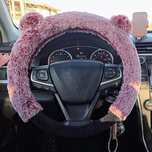 Car Steering Wheel Cover Cute Fluffy Steering Wheel Protector Universal Fit 15 Inch for Winter, Warm Non-Slip Interior Car Accessories(Rose Red) in Kuwait