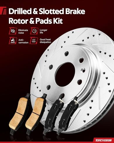 Torchbeam Front Geomet Drilled & Slotted Brake Rotor & Ceramic Brake Pads Kit Replacement 55174+D1421 Fit for 9-5,Equinox, Impala, LaCrosse, Malibu, Malibu Limited, Regal, Terrain in Kuwait