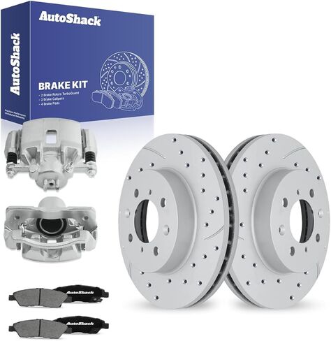 دوارات الفرامل الأمامية من AutoShack، وسادات سيراميك وفرجار لهوندا، تناسب 2007-2008، FWD L4 1.5L - مطلية ومثقوبة - لمسة نهائية فضية غير لامعة - TurboGuard - 10.31 بوصة (262 مم)، 4 عروات in Kuwait