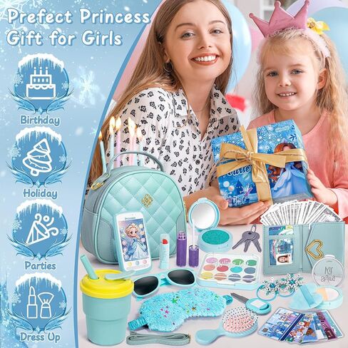 Hohosunlar Play Purse for Little Girl Gift, Toddler Purse with Accessories - Fake Makeup, Princess Elsa Toys, Handbag, Wallet, Phone, Keys, Water Bottle, Frozen Birthday Gift for Girl Age 3 4 5 6 7 8 in Saudi Arabia