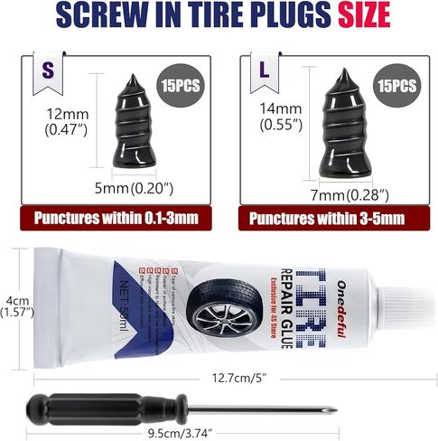 Tire Repair Kit with 2 Tubes Glue,2 Sizes Universal Screw in Tire Plugs 30 Pcs,Fast DIY Puncture Fix Tools for Car, Motorcycle, Truck, ATV, RV, Tractor in Kuwait