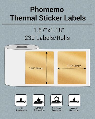 Phomemo Thermal Sticker Labels- 1.57"x1.18"(40x30mm) Thermal Label for M110/M100/M220/M250/M108, for Barcode/Address/Mailing/Logo/Business/Home Tag, Black on Golden in Kuwait