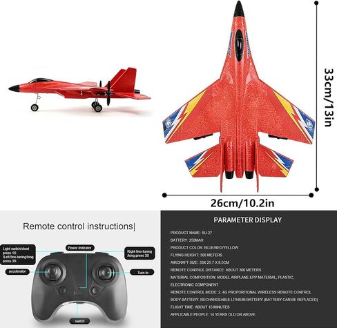 NMM SU27 RC Plane, Remote Control Airplane with Flashing LED Lights, RC Fighter Jet Flying Toys for Adults Kids Beginner - Red in Saudi Arabia