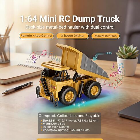 1/64 Mini RC Dump Truck,10-Channel Remote Control & Phone App Controled with Metal Bed,Alloy RC Construction Vehicles with Lights & Sounds,Toy Gift for Teens,Adults in Saudi Arabia