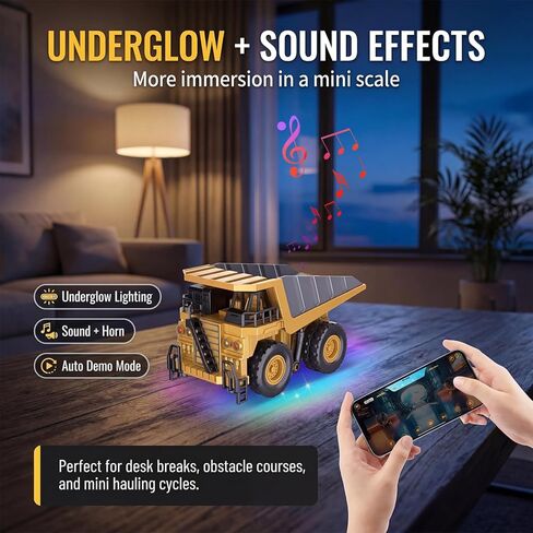 1/64 Mini RC Dump Truck,10-Channel Remote Control & Phone App Controled with Metal Bed,Alloy RC Construction Vehicles with Lights & Sounds,Toy Gift for Teens,Adults in Saudi Arabia