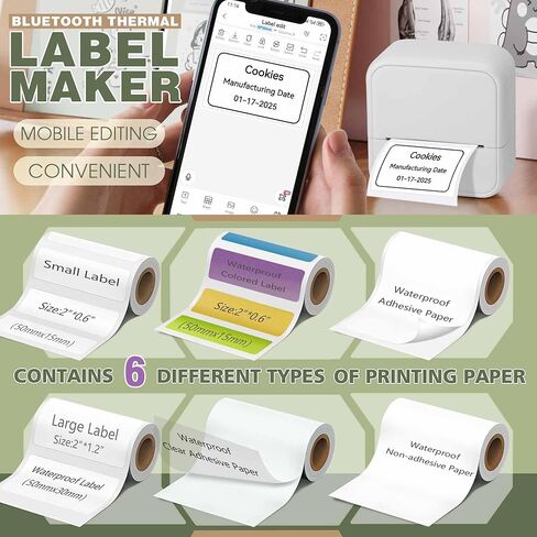 Label Maker Machine with 6 Waterproof Tapes, Thermal Label Maker, Portable Mini Bluetooth Label Printer with Clear Tape for Home, Kitchen, School, Office Organization in Saudi Arabia