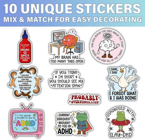 (10Pcs - 3inch) Funny ADHD Sticker Mental Health Neurodivergent Neurodiversity Cute Motivational Stickers Waterproof Vinyl Decals for Water Bottle Tumbler Luggage Laptop Scrapbooking in Saudi Arabia