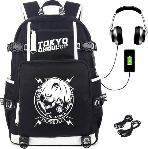 Roffatide Anime Tokyo Ghoul Laptop Backpack Printed Luminous Backpack Rucksack with USB Charging Port & Headphone Port Black in Kuwait