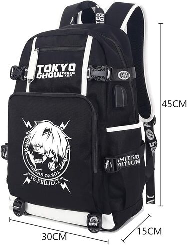 Roffatide Anime Tokyo Ghoul Laptop Backpack Printed Luminous Backpack Rucksack with USB Charging Port & Headphone Port Black in Kuwait