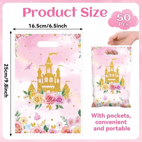 50Pcs Princess Prince Party Favor Bags Prince and Princess Party Decorations Crown Castle Floral Birthday Bag Princesses Goodie Candy Bags Princesses Plastic Bag for Baby Shower Wedding Favor Supplies in Saudi Arabia