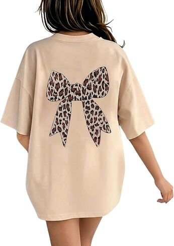 EXARUS Girls Bow Graphic Tees Cotton Oversized Leopard Print T Shirts Summer Short Sleeve Casual Teen Cute Tops 8-14Y in Saudi Arabia