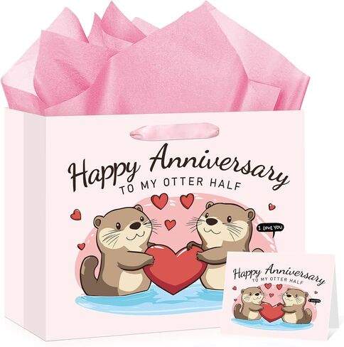 Anniversary Party Gift Bag Pink Wedding Gift Wrap Bag with Happy Anniversary Card and Wrapping Paper Cute Otter Couple Paper Bag for Him Her Women Men Valentine Anniversary Party Decorations Supplies in Kuwait