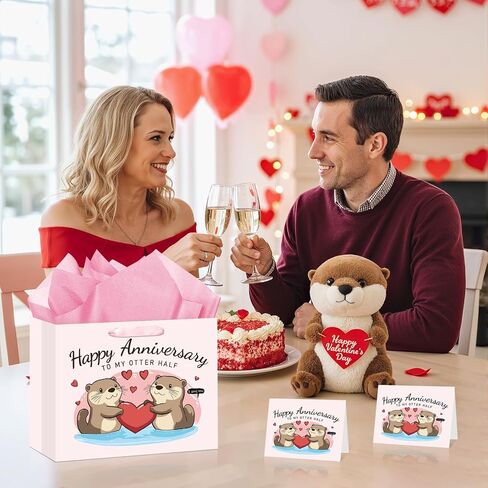 Anniversary Party Gift Bag Pink Wedding Gift Wrap Bag with Happy Anniversary Card and Wrapping Paper Cute Otter Couple Paper Bag for Him Her Women Men Valentine Anniversary Party Decorations Supplies in Kuwait