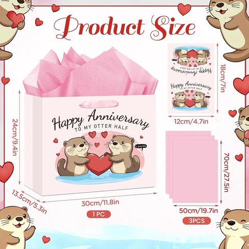 Anniversary Party Gift Bag Pink Wedding Gift Wrap Bag with Happy Anniversary Card and Wrapping Paper Cute Otter Couple Paper Bag for Him Her Women Men Valentine Anniversary Party Decorations Supplies in Kuwait