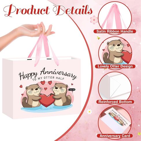 Anniversary Party Gift Bag Pink Wedding Gift Wrap Bag with Happy Anniversary Card and Wrapping Paper Cute Otter Couple Paper Bag for Him Her Women Men Valentine Anniversary Party Decorations Supplies in Kuwait