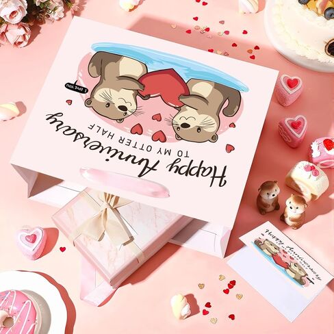 Anniversary Party Gift Bag Pink Wedding Gift Wrap Bag with Happy Anniversary Card and Wrapping Paper Cute Otter Couple Paper Bag for Him Her Women Men Valentine Anniversary Party Decorations Supplies in Kuwait