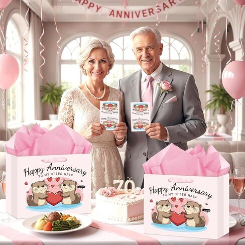 Anniversary Party Gift Bag Pink Wedding Gift Wrap Bag with Happy Anniversary Card and Wrapping Paper Cute Otter Couple Paper Bag for Him Her Women Men Valentine Anniversary Party Decorations Supplies in Kuwait