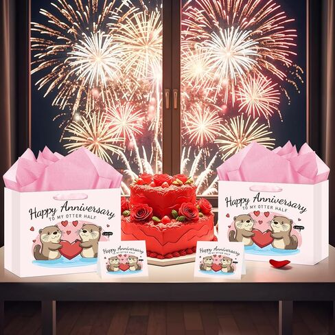 Anniversary Party Gift Bag Pink Wedding Gift Wrap Bag with Happy Anniversary Card and Wrapping Paper Cute Otter Couple Paper Bag for Him Her Women Men Valentine Anniversary Party Decorations Supplies in Kuwait
