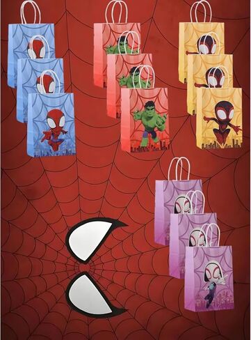 12 PCS spide-themed party gift bags. Made of kraft paper and equipped with handles, they are perfect for holding candies, snacks, etc. They are suitable for various festivals and birthday parties. in Saudi Arabia