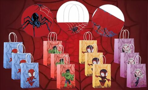 12 PCS spide-themed party gift bags. Made of kraft paper and equipped with handles, they are perfect for holding candies, snacks, etc. They are suitable for various festivals and birthday parties. in Saudi Arabia