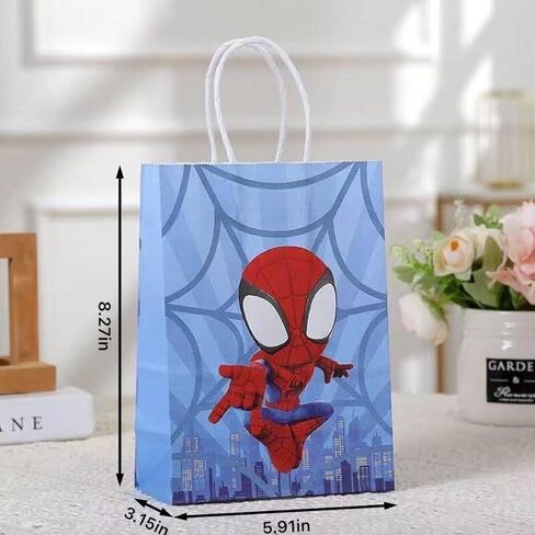12 PCS spide-themed party gift bags. Made of kraft paper and equipped with handles, they are perfect for holding candies, snacks, etc. They are suitable for various festivals and birthday parties. in Saudi Arabia