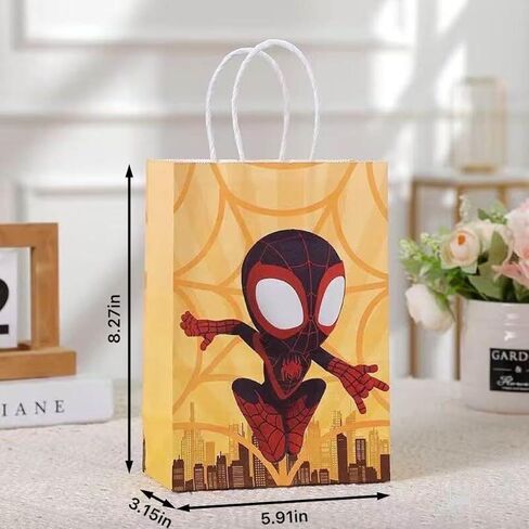 12 PCS spide-themed party gift bags. Made of kraft paper and equipped with handles, they are perfect for holding candies, snacks, etc. They are suitable for various festivals and birthday parties. in Saudi Arabia