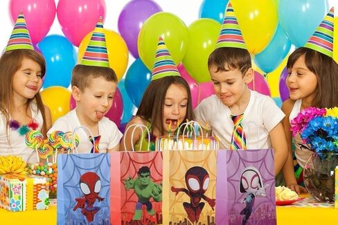 12 PCS spide-themed party gift bags. Made of kraft paper and equipped with handles, they are perfect for holding candies, snacks, etc. They are suitable for various festivals and birthday parties. in Saudi Arabia