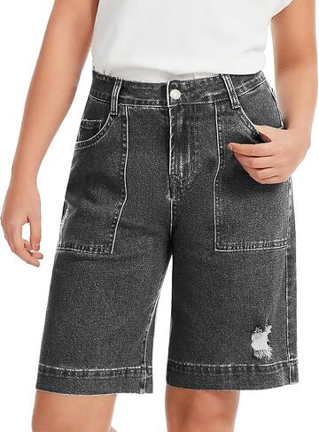 Metietila Baggy Jean Shorts for Women High Waisted Bermuda Knee Length Denim Shorts Trendy Distressed Summer Jorts in Saudi Arabia