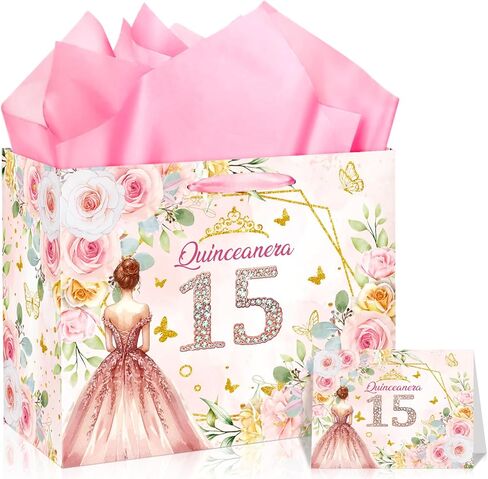 Purple Quinceañera 15 Gift Bag for Girls Sweet Happy 15th Birthday Wrapping Bag with Tissue Paper Card Elegant Butterfly Quinceanera 15 Party Wrap Bag Decorations for 15 Years Old Anniversary Supplies in Kuwait