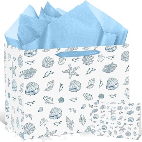 Ocean Seashell Bow Birthday Gift Bag with Wrapping Paper and Card Blue Beach Seashells Starfish Paper Bag with Handle Sea Shell Bowknot Gift Wrap Paper Bags for Summer Birthday Baby Shower Party Decor in Saudi Arabia