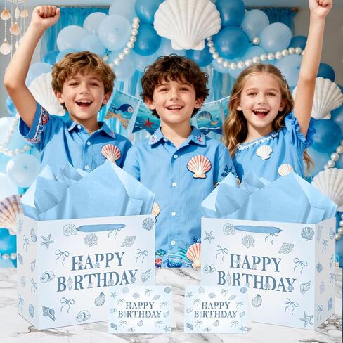 Ocean Seashell Bow Birthday Gift Bag with Wrapping Paper and Card Blue Beach Seashells Starfish Paper Bag with Handle Sea Shell Bowknot Gift Wrap Paper Bags for Summer Birthday Baby Shower Party Decor in Saudi Arabia