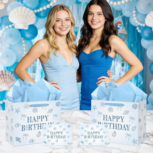 Ocean Seashell Bow Birthday Gift Bag with Wrapping Paper and Card Blue Beach Seashells Starfish Paper Bag with Handle Sea Shell Bowknot Gift Wrap Paper Bags for Summer Birthday Baby Shower Party Decor in Saudi Arabia