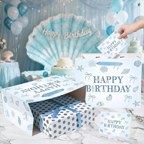 Ocean Seashell Bow Birthday Gift Bag with Wrapping Paper and Card Blue Beach Seashells Starfish Paper Bag with Handle Sea Shell Bowknot Gift Wrap Paper Bags for Summer Birthday Baby Shower Party Decor in Saudi Arabia