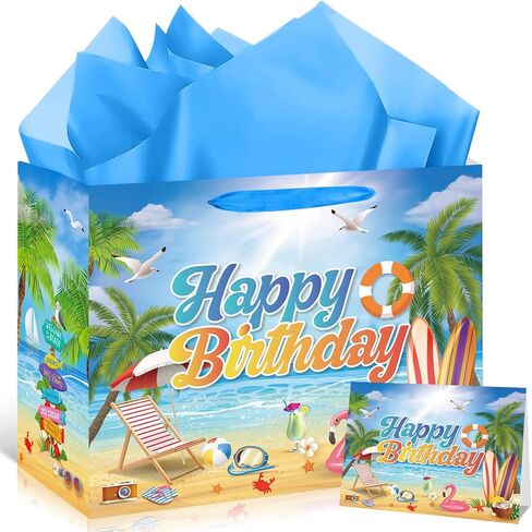 Ocean Seashell Bow Birthday Gift Bag with Wrapping Paper and Card Blue Beach Seashells Starfish Paper Bag with Handle Sea Shell Bowknot Gift Wrap Paper Bags for Summer Birthday Baby Shower Party Decor in Saudi Arabia