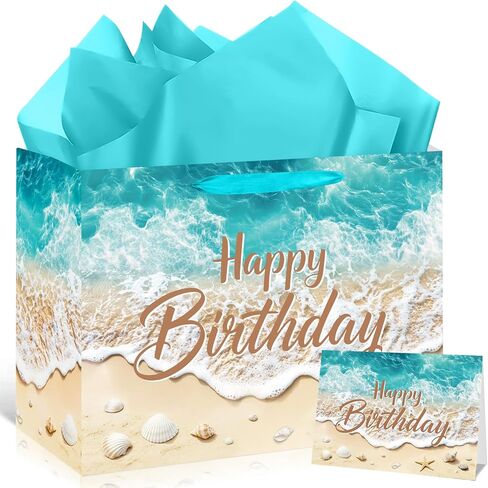 Ocean Seashell Bow Birthday Gift Bag with Wrapping Paper and Card Blue Beach Seashells Starfish Paper Bag with Handle Sea Shell Bowknot Gift Wrap Paper Bags for Summer Birthday Baby Shower Party Decor in Saudi Arabia