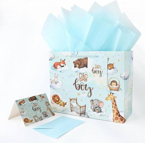 JAYTEM 13" Baby Gift Bag, Large Blue Baby Boy Gift Bag, Dreamy Animal Gift Bags with Greeting Card, Tag, Envelope & Tissue Paper for Baby Shower, Kids, Birthday, Welcome Party, Newborn Celebration in Saudi Arabia