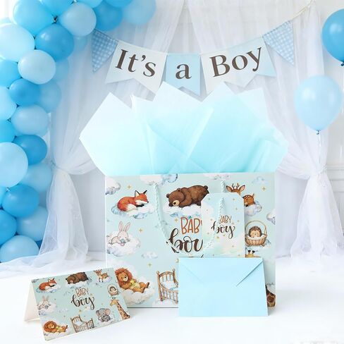 JAYTEM 13" Baby Gift Bag, Large Blue Baby Boy Gift Bag, Dreamy Animal Gift Bags with Greeting Card, Tag, Envelope & Tissue Paper for Baby Shower, Kids, Birthday, Welcome Party, Newborn Celebration in Saudi Arabia