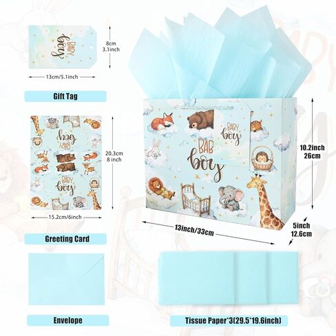JAYTEM 13" Baby Gift Bag, Large Blue Baby Boy Gift Bag, Dreamy Animal Gift Bags with Greeting Card, Tag, Envelope & Tissue Paper for Baby Shower, Kids, Birthday, Welcome Party, Newborn Celebration in Saudi Arabia