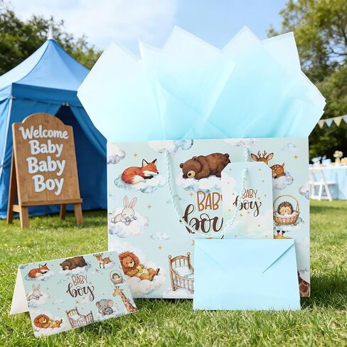 JAYTEM 13" Baby Gift Bag, Large Blue Baby Boy Gift Bag, Dreamy Animal Gift Bags with Greeting Card, Tag, Envelope & Tissue Paper for Baby Shower, Kids, Birthday, Welcome Party, Newborn Celebration in Saudi Arabia