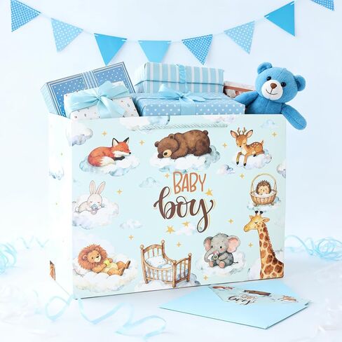 JAYTEM 13" Baby Gift Bag, Large Blue Baby Boy Gift Bag, Dreamy Animal Gift Bags with Greeting Card, Tag, Envelope & Tissue Paper for Baby Shower, Kids, Birthday, Welcome Party, Newborn Celebration in Saudi Arabia
