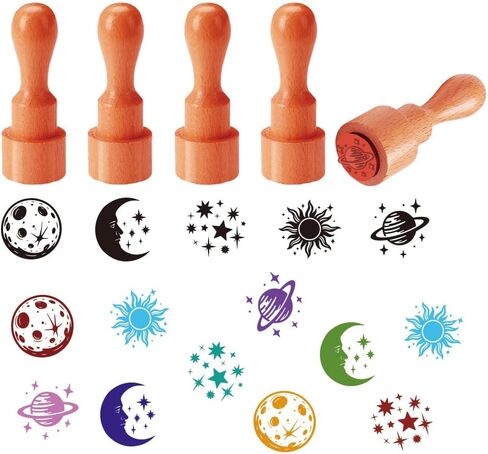 AHANDMAKER 5 Styles Mini Wooden Rubber Stamps, Stars and Moon Patterns Round Handle Wood Stamps Celestial Theme Wooden Stamp for DIY Crafting Card Making Letter Diary Decoration(No Ink Include in Kuwait