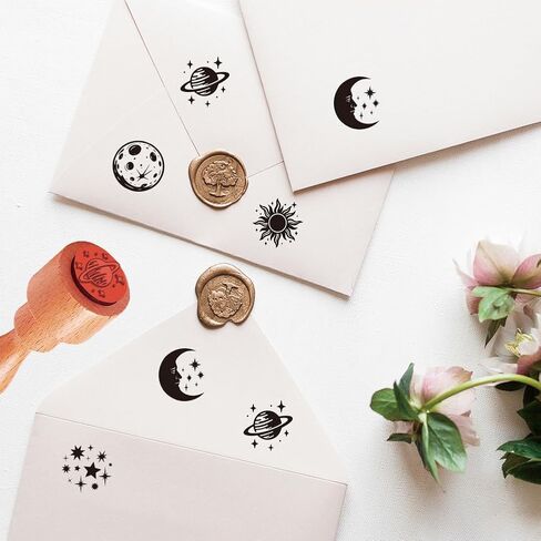 AHANDMAKER 5 Styles Mini Wooden Rubber Stamps, Stars and Moon Patterns Round Handle Wood Stamps Celestial Theme Wooden Stamp for DIY Crafting Card Making Letter Diary Decoration(No Ink Include in Kuwait