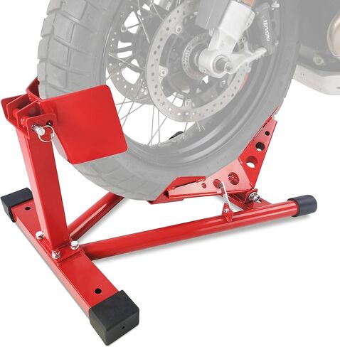 Universal Heavy Duty Motorcycle Wheel Chock Stand, 1500 Lb Capacity, Adjustable for 16-21 in Wheels, Front Tire Parking Chock for Trailer Transport & Garage Storage, Red in Saudi Arabia