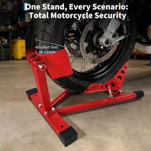 Universal Heavy Duty Motorcycle Wheel Chock Stand, 1500 Lb Capacity, Adjustable for 16-21 in Wheels, Front Tire Parking Chock for Trailer Transport & Garage Storage, Red in Saudi Arabia