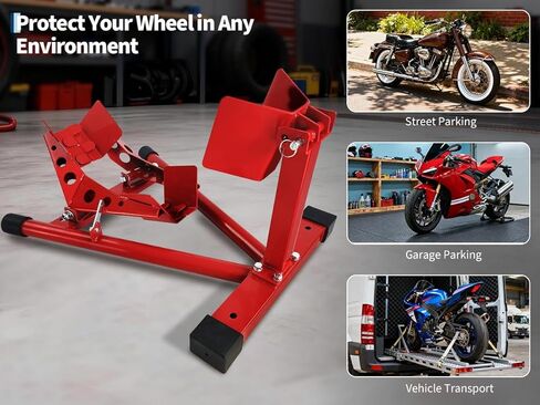 Universal Heavy Duty Motorcycle Wheel Chock Stand, 1500 Lb Capacity, Adjustable for 16-21 in Wheels, Front Tire Parking Chock for Trailer Transport & Garage Storage, Red in Saudi Arabia