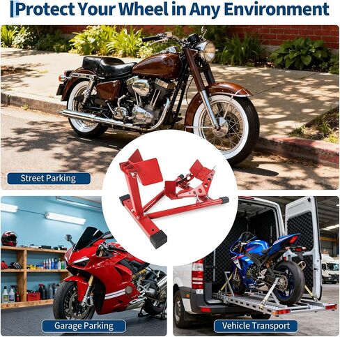 Universal Heavy Duty Motorcycle Wheel Chock Stand, 1500 Lb Capacity, Adjustable for 16-21 in Wheels, Front Tire Parking Chock for Trailer Transport & Garage Storage, Red in Saudi Arabia